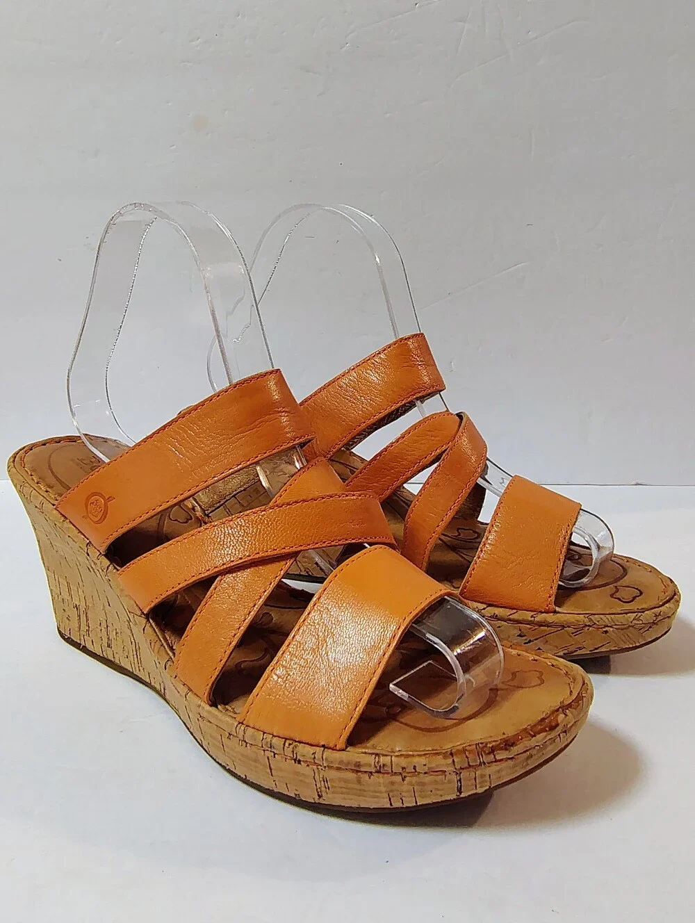 Born Zemora Women's Leather Cork Wedge Slip-On Strappy Comfort Sandals Orange 8